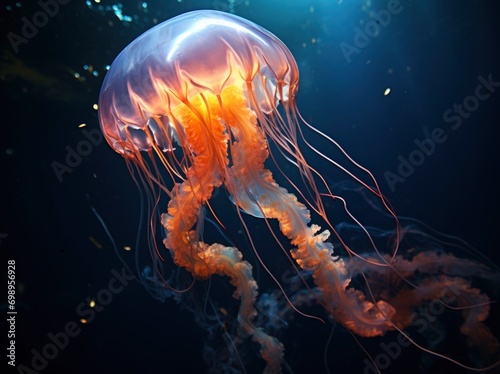 Beautiful transparent jellyfish swimming in the deep sea, black backgrounds