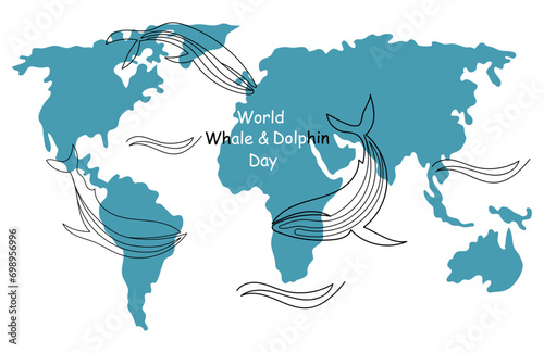 World Whale Day. Silhouettes of whales on a world map. Vector illustration for banners and cards