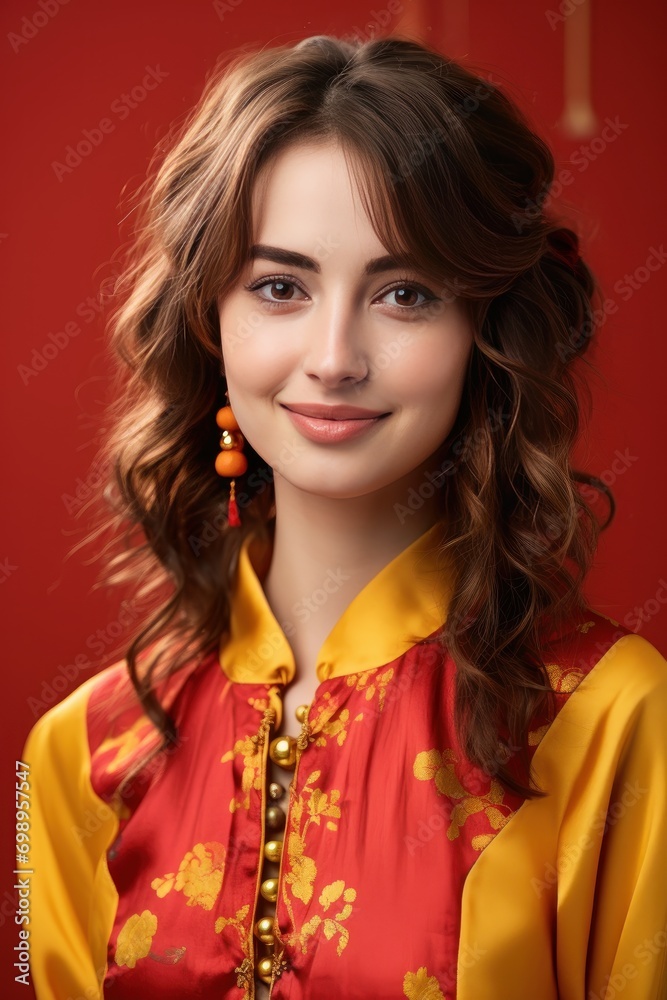 Studio portrait of happy young european woman wear traditional chinese costume on red background. Happy chinese new year
