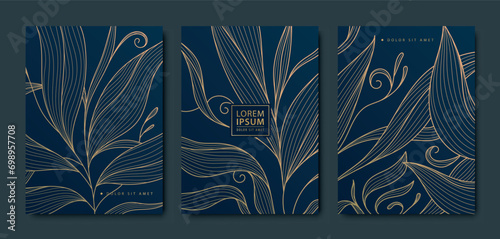 Vector set of gold leaves textures, abstract art deco floral patterns. elegant foliage covers, line japanese style drawing. Use for wine, spa, menu, perfume design.