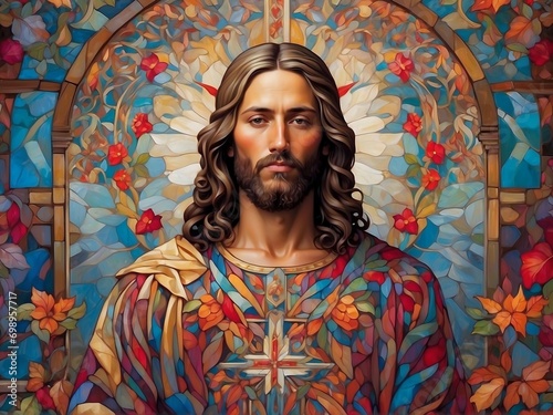 Step into a world of wonder and awe with an interesting and stylistic representation of Jesus, portrayed through a stunning and intricate color pattern.