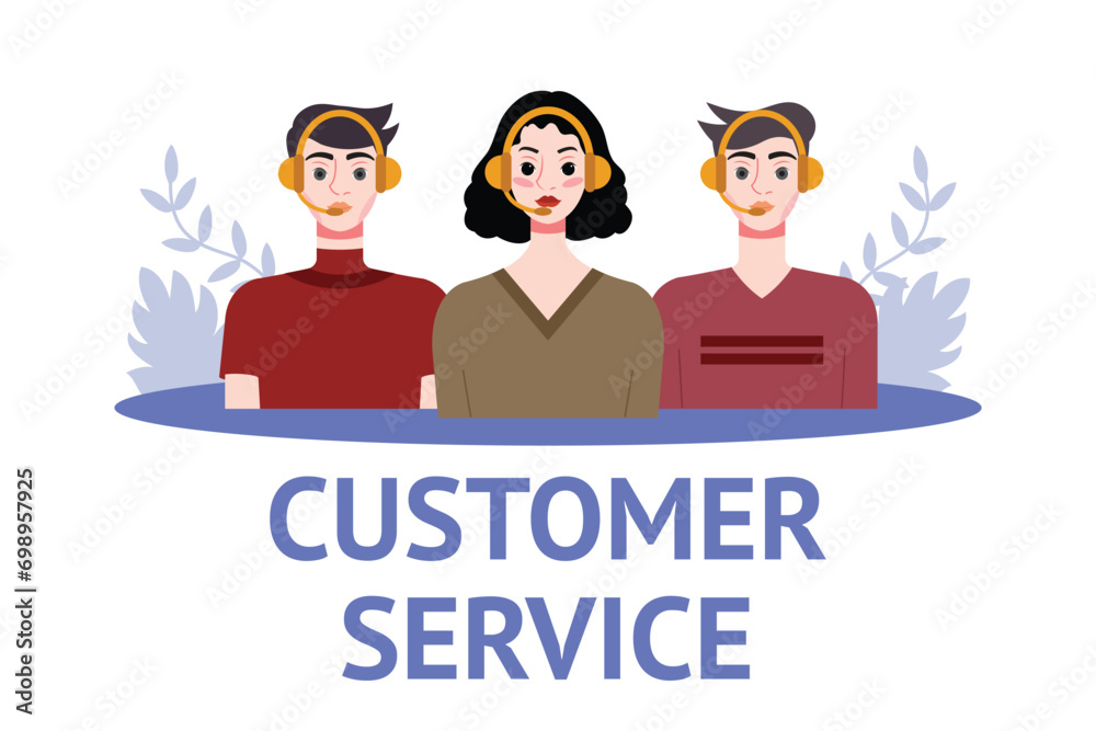 Customer service concept. People with headsets. Vector illustration in flat style Customer service concept. People with headsets. Vector illustration in flat style