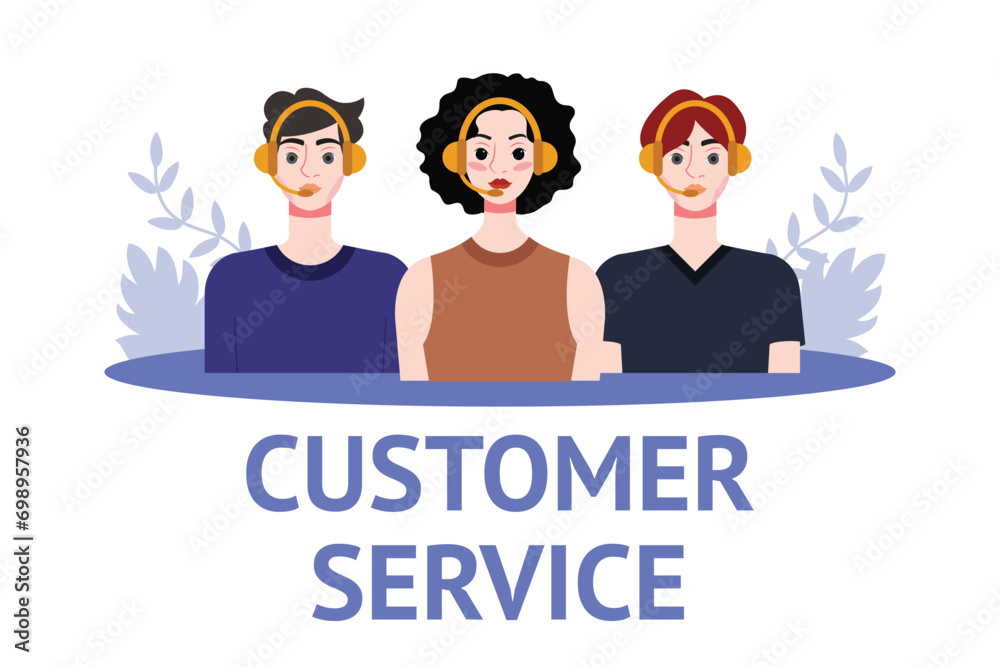 Customer service concept. People with headsets. Vector illustration in flat style Customer service concept. People with headsets. Vector illustration in flat style