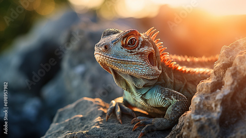 close up horizontal view of a lizard hanging on a rock getting the last sunlight at sunset AI generated © AlfredoGiordano