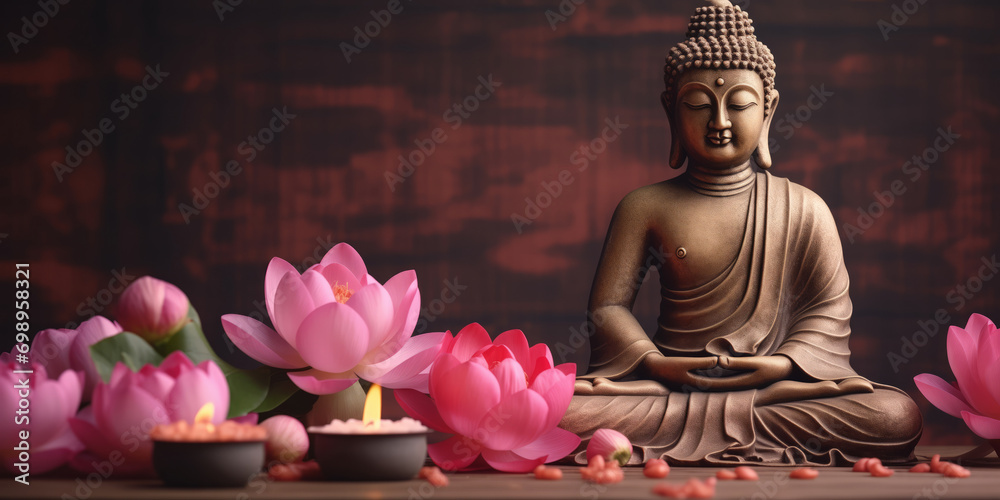 Concept banner statue Buddha with water lily or lotus flower. Vesak day birthday, Buddhist lent.