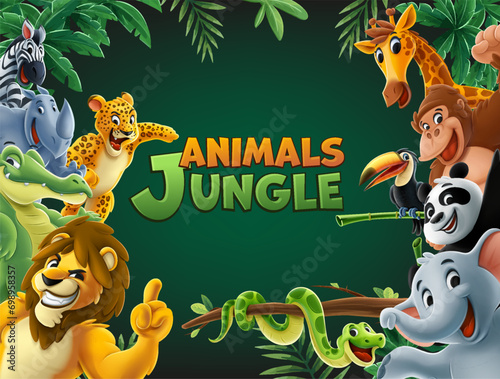 Fototapeta Naklejka Na Ścianę i Meble -  jungle animals mascot characters with natural background with plants,
lion, tiger, elephant, giraffe, gorilla, snake, rhinoceros, zebra, panda,leopard, toucan
