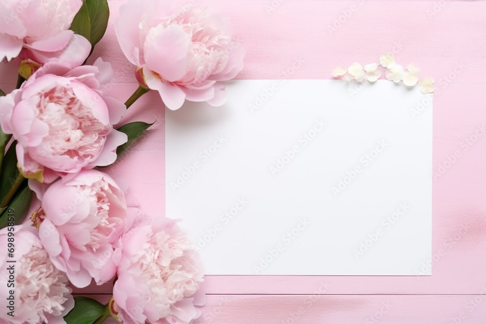 A greetings card with beautiful pink flowers piones on a pink background. Valentines day, wedding or birthday gift card mockup