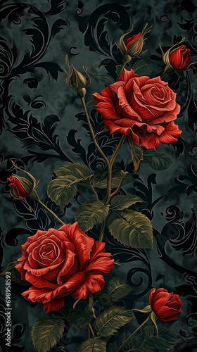 Vertical gothic pattern, a bush of red roses with leaves on a dark background.