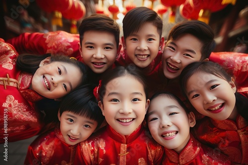 Happy Asian Kids Celebrating Chinese New Year Outdoors