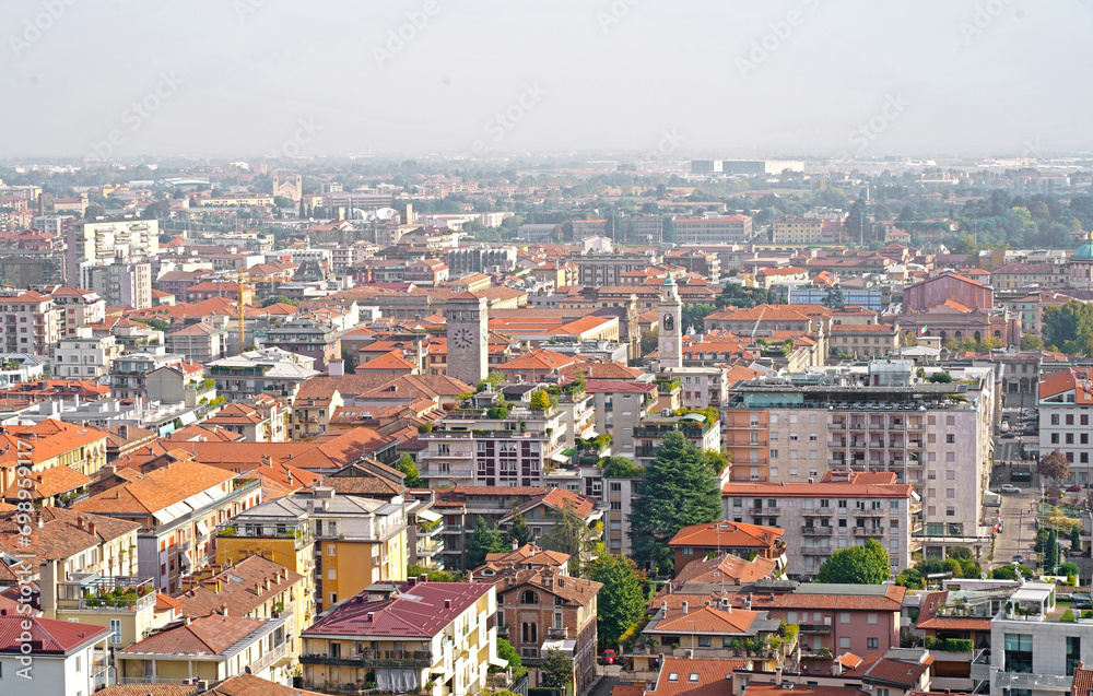 Bergamo, Italy. September 2023. View of the old city from the hill. Landscape in the city center, its historical buildings, churches and towers.