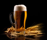 Beer in mug with wheat ears spikelets on black background. Mugs with drink like Ipa, Pale Ale, Pilsner, Porter or Stout