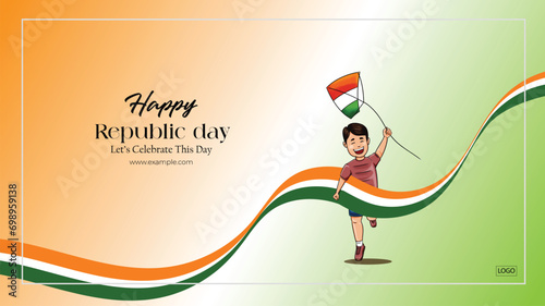 Vector illustration Republic Day India 26th January Editable Post Template Boy running holding flag