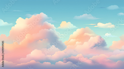 Whimsical Cloudscape: Dreamy Seamless Pattern of Vibrant Sky with Fluffy Clouds – Atmospheric Digital Art for Heavenly Designs © Spear