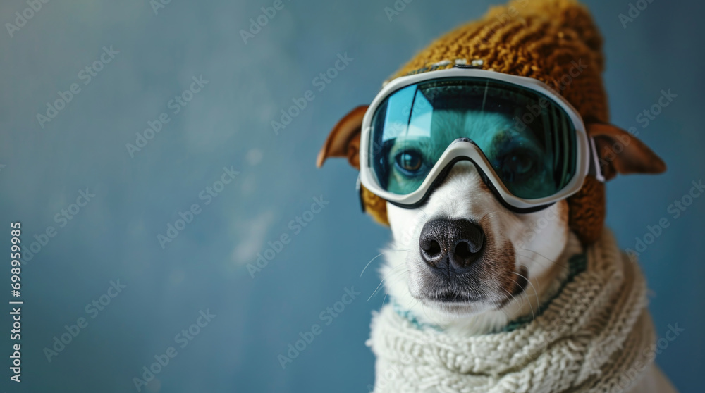 Close-up portrait of a dog wearing ski goggles and a hat - obrazy, fototapety, plakaty 