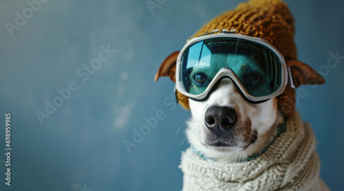 Close-up portrait of a dog wearing ski goggles and a hat © Дмитрий Баронин