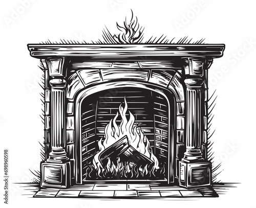 Fireplace vintage set sketch drawn in hand graphic style Vector