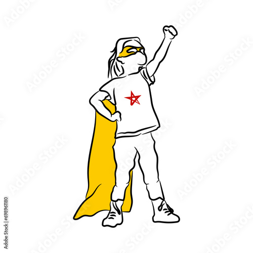 Kid daughter child playing super hero. Hand drawn line art drawing vector illustration