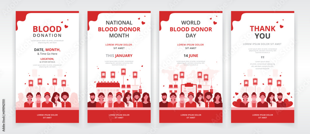 Social media story, banner, email, or newsletter templates for national blood donor month, world blood donor day or any other blood donation program - obrazy, fototapety, plakaty 