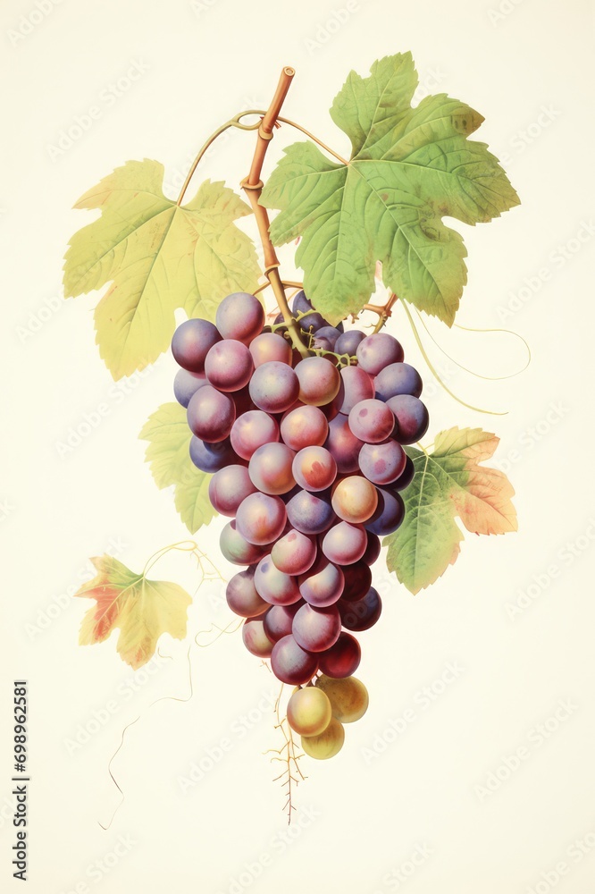 An illustration of various grapes and leaves, realistic usage of light and color, white, green and purple, hanging scroll, vintage imagery, chromatic variations, detailed illustrations