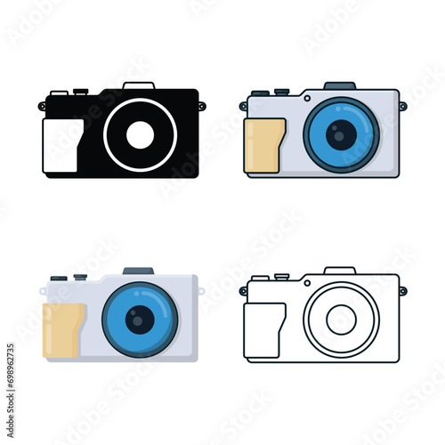 Camera icon set, flat cartoon simple minimalist design style, isolated by white background