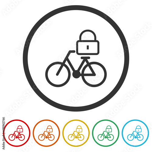 Bicycle parking lock icon. Set icons in color circle buttons