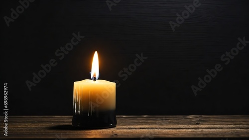 Burning candle on a wooden table with plain black background from Generative AI