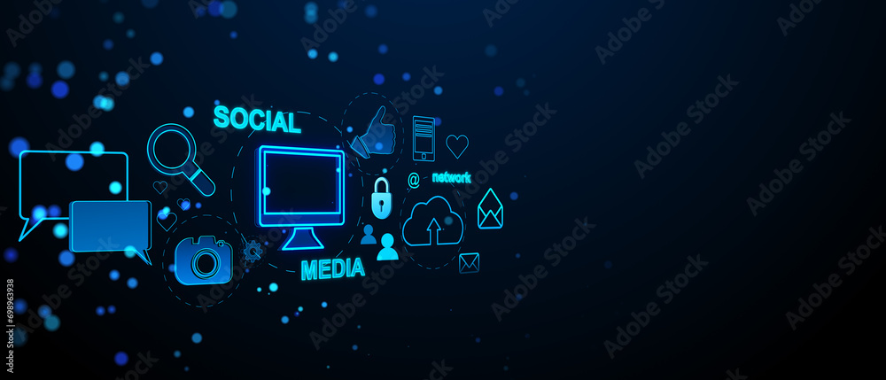 Creative social media interface with emails, speech bubbles, mobile internet, cloud computing and other icons on blurry wide background with mock up place. 3D Rendering. Creative social media interface with emails, speech bubbles, mobile internet, cloud computing and other icons on blurry wide background with mock up place. 3D Rendering.