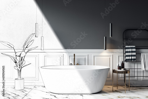 Sketch of modern gray and marble bathroom interior with various objects. Hotel and accommodation designs. 3D Rendering.