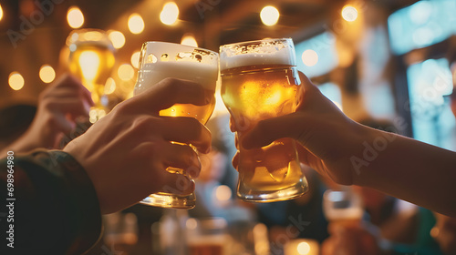 Hand holding glass of blond beer, beer tasting, brewery, people cheering, cheers, spending a moment together with friends, party, happy moment, nightclub, restaurant, cheering, family