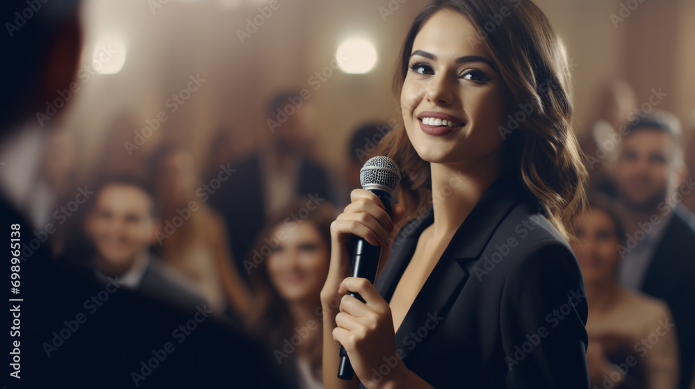 beautiful young woman with a very beautiful smile in a business suit with a microphone in an office space speaking among people in business suits and smiling sincerely