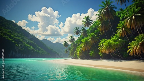 Beautiful tropical paradise beach with palm trees on hot summer day and cloudy sky. Perfect landscape background for relaxing  vacation  travel  tourism concept. Inspiring tropical summer landscape