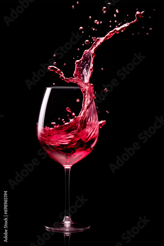 Red wine pouring into glass isolated on black background. Rose wine splashing in glassware.