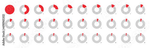 Circle pie chart as donut infographics data presentation. Charging round bar as percentage piece or part of whole. 12 and 24 segments of crossed ring.