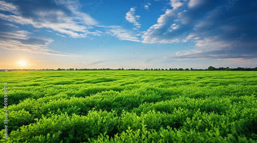 Ripe green alfalfa field under a beautiful blue cloudy sunset sky, AI Generative.