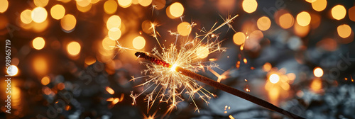 Sylvester New Year, New Year's Eve 2024 party event Celebration holiday greeting card. Closeup of sparkling sparklers and bokeh lights in the background