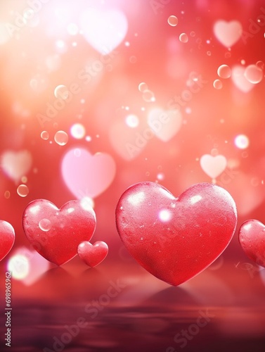 Valentines day party decorations background  Red hearts on blurred bokeh background  copy space banner.