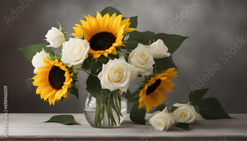sunflowers with white roses in vase still life