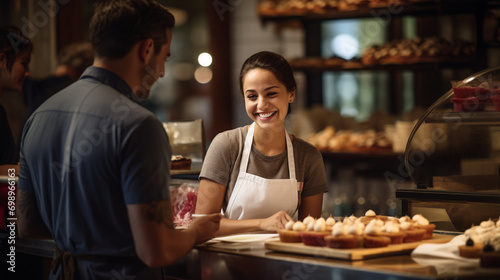 a female baker in a white apron behind the counter with a happy and pleasant expression serves a customer in a bakery shop