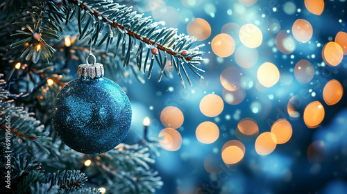 Beautiful Christmas and New years eve Background with Christmas blue ball hanging on fir tree branches. Made with generative ai