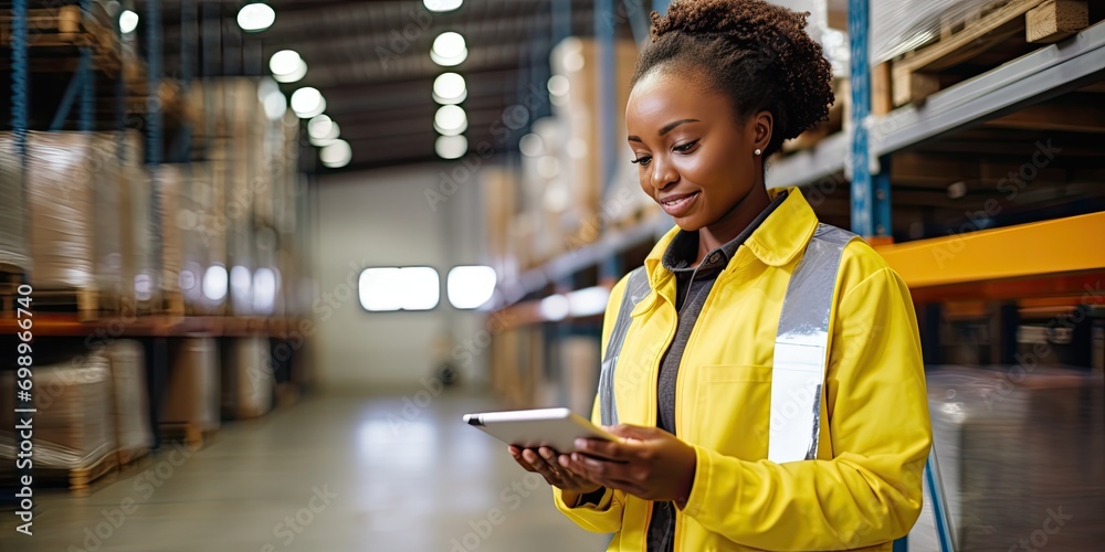 Women warehouse worker using digital tablets to check the stock inventory on shelves in large warehouses, a Smart warehouse management system, supply chain and logistic network technology concept - obrazy, fototapety, plakaty 