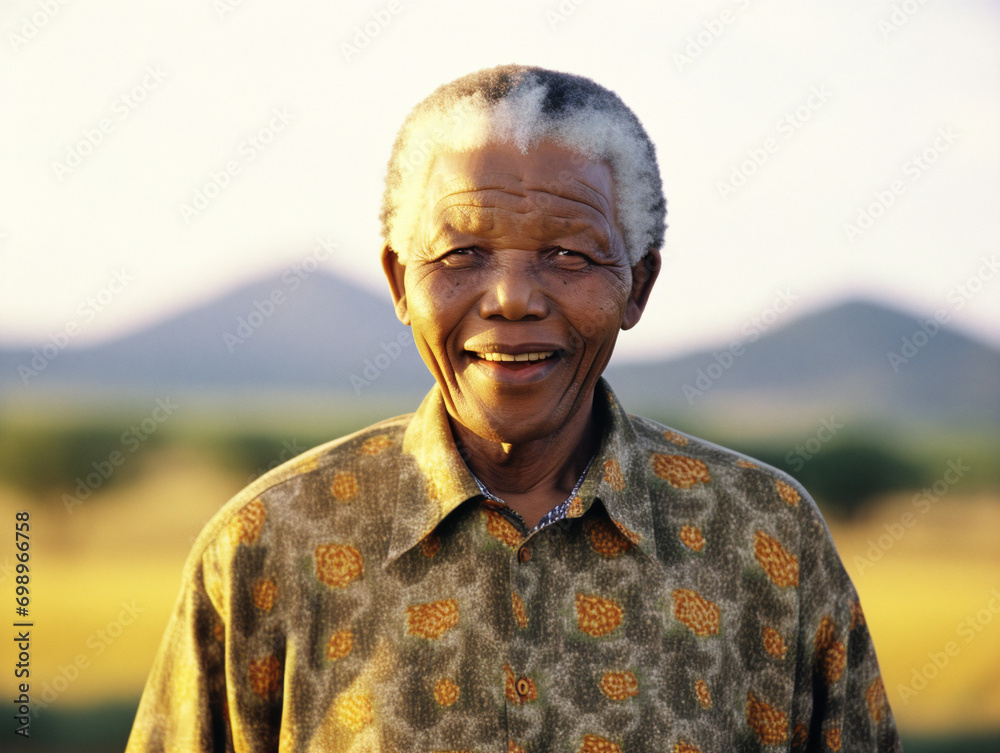 Former president Nelson Mandela smiles broadly, radiating hope after his long-awaited release from prison. - obrazy, fototapety, plakaty 