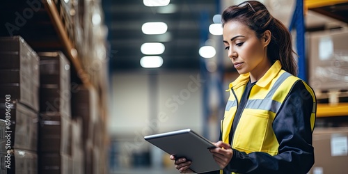 Women warehouse worker using digital tablets to check the stock inventory on shelves in large warehouses, a Smart warehouse management system, supply chain and logistic network technology concept photo
