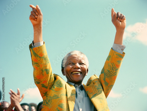Former President Nelson Mandela beams with hope after release from prison, embodying resilience and dignity. photo