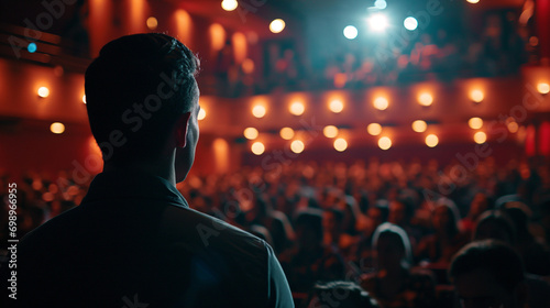 male artist performing on stage in front of a full hall of people, view from the back of the artist on the parterre of the theater photo
