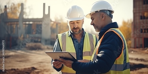 Two construction workers with digital tablet 