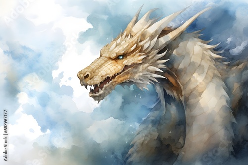 Watercolor light yellow dragon portrait in blue Chinese ink painting style artistic background © khanh my