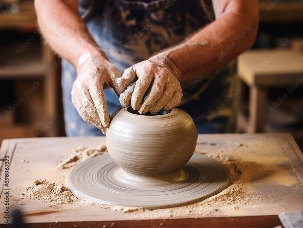 Artisan skillfully shapes wet clay on a spinning wheel, crafting an elegant, smooth ceramic vase.