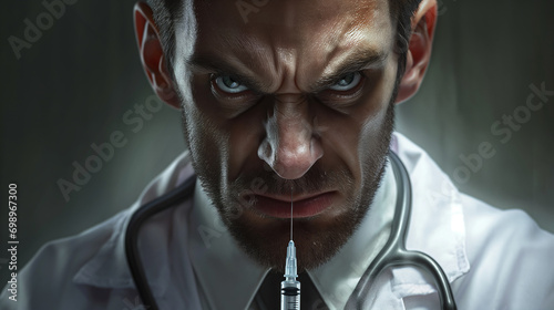 close-up of a very angry doctor in a white coat with a syringe in his hands, which he holds in front of his face photo