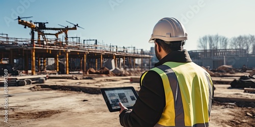 Two construction workers with digital tablet
