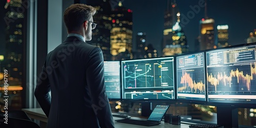 A financial manager stands in front of digital stock market charts